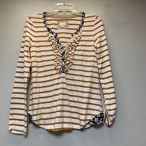 9-H15 STCL Ruffle Henley Top Women XS Yellow White Stripe Excellent Floral Trim
